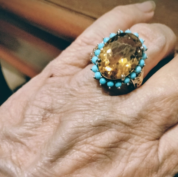 Brazilian Citrine Sleeping Beauty Turquoise Halo Ring Vermeil YG & Platinum O/SS - Picture 7 of 7